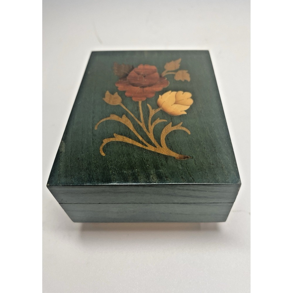 Vintage Italian  Inlaid Wood Green Music Box Floral Design Italy Works